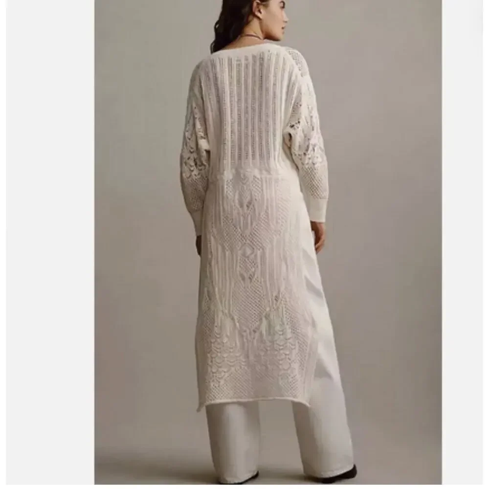 Anthropologie Open-Stitch Side-Slit Tunic Sweater Dress Duster Ivory M - Picture 3 of 11